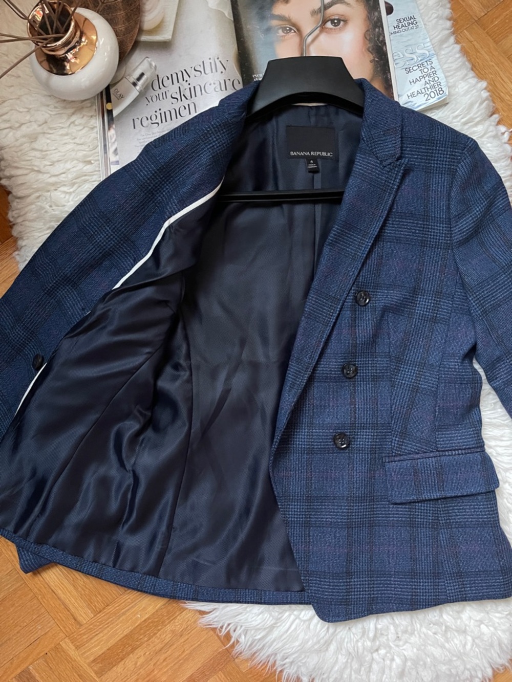 NEW Banana Republic Blue Plaid Double-Breasted Blazer Wool Blend - Picture 5 of 13